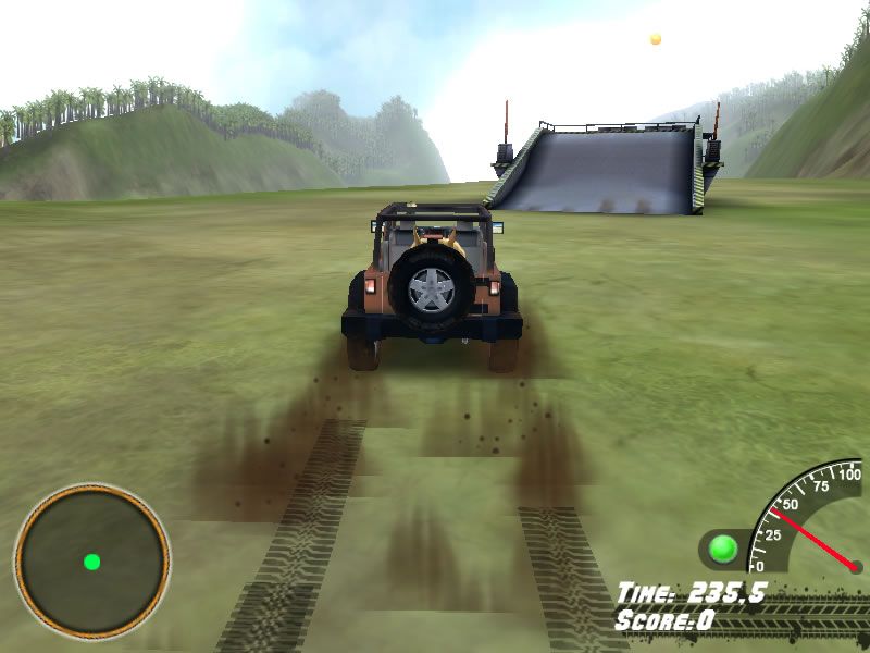 Off-Road Velociraptor Safari (Browser) screenshot: Preparing to be launched over the ramp.