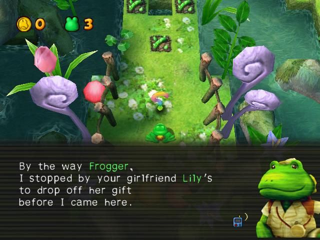 Frogger's Adventures: The Rescue (Windows) screenshot: Gamestart - Level 1. Welcome to Frogger, the mature Jamaican accent frog gives Frogger an introductory story.