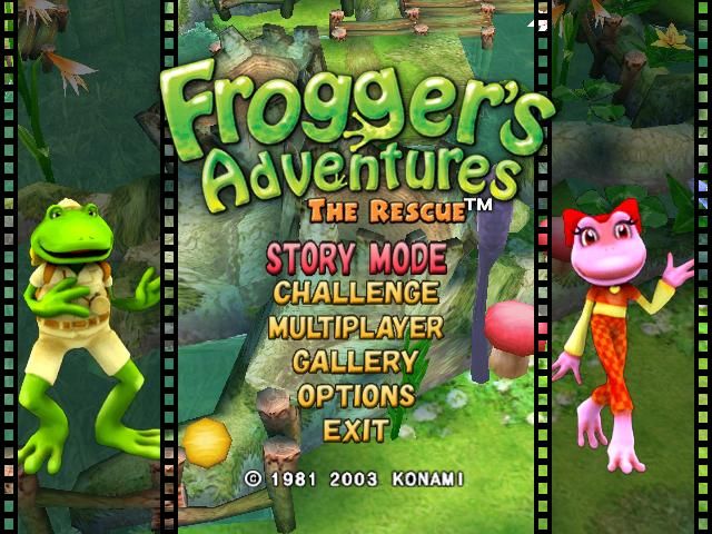 Frogger's Adventures: The Rescue (Windows) screenshot: Main Menu - The characters on the left and right change on a regular basis.