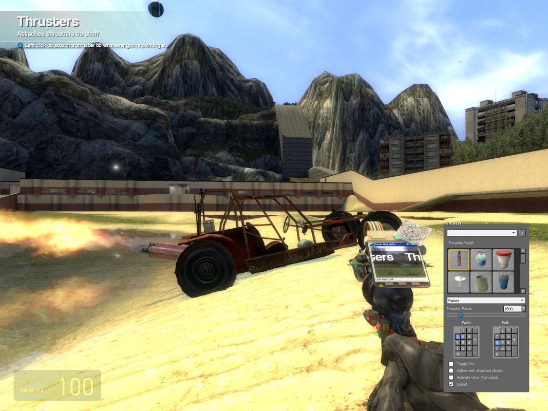 Garry's Mod (Windows) screenshot: Attached two thrusters on that vehicle and now firing them up.