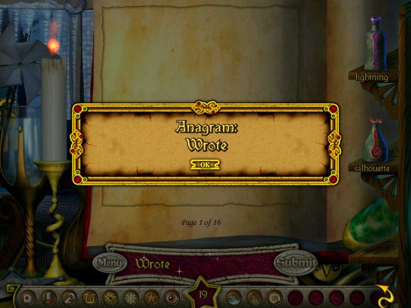 The Wizard's Pen (Windows) screenshot: he anagram potion shows a word made with the same letters of the object name.