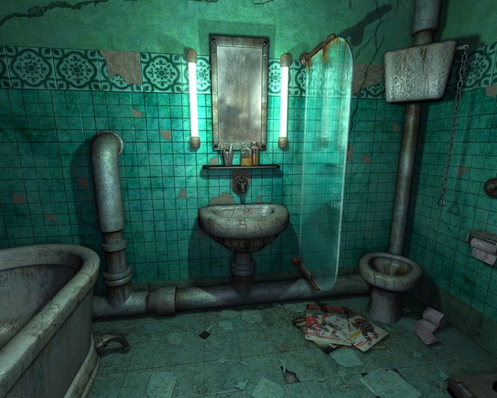 Nikopol: Secrets of the Immortals (Windows) screenshot: Your bathroom also has a toilet. What is the glass between the sink and toilet for?