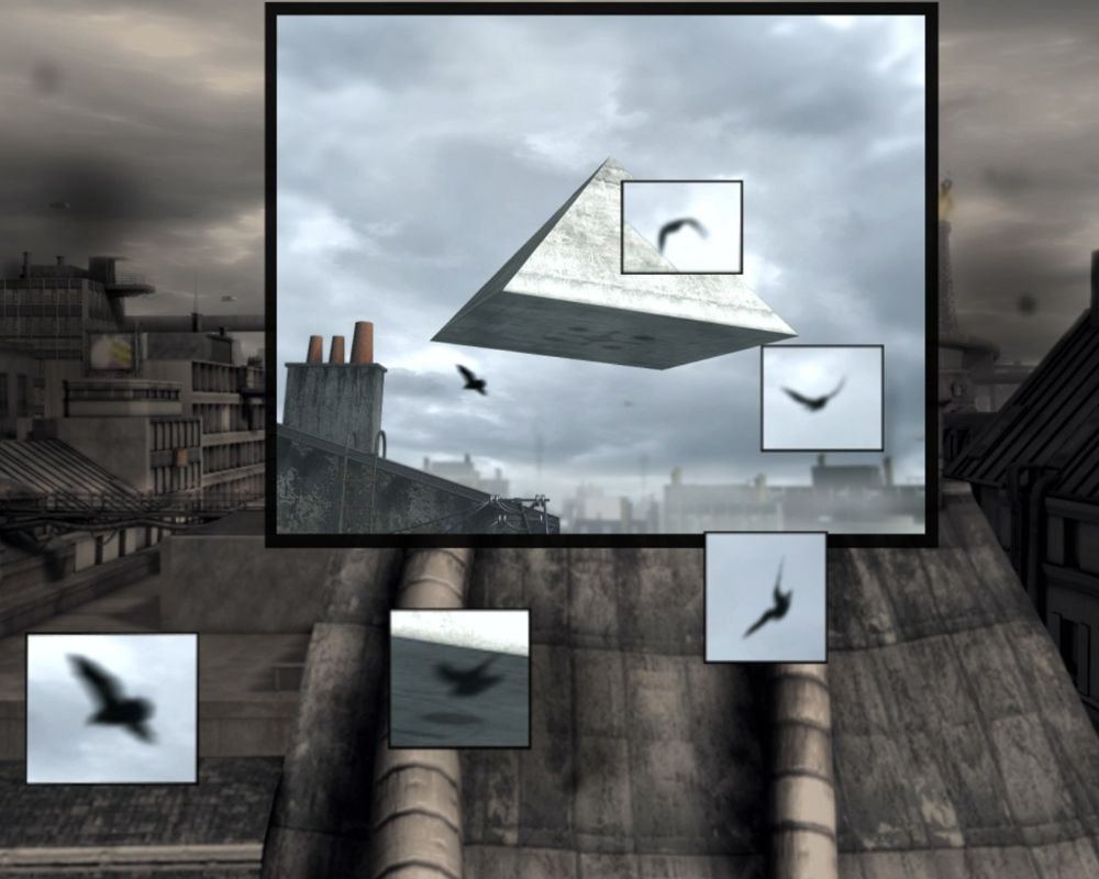 Nikopol: Secrets of the Immortals (Windows) screenshot: Some bird is flying from the pyramid.
