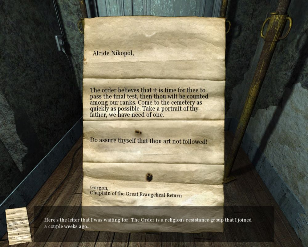 Nikopol: Secrets of the Immortals (Windows) screenshot: Note from the resistance group