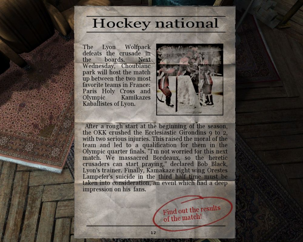 Nikopol: Secrets of the Immortals (Windows) screenshot: French hockey... is it possible?