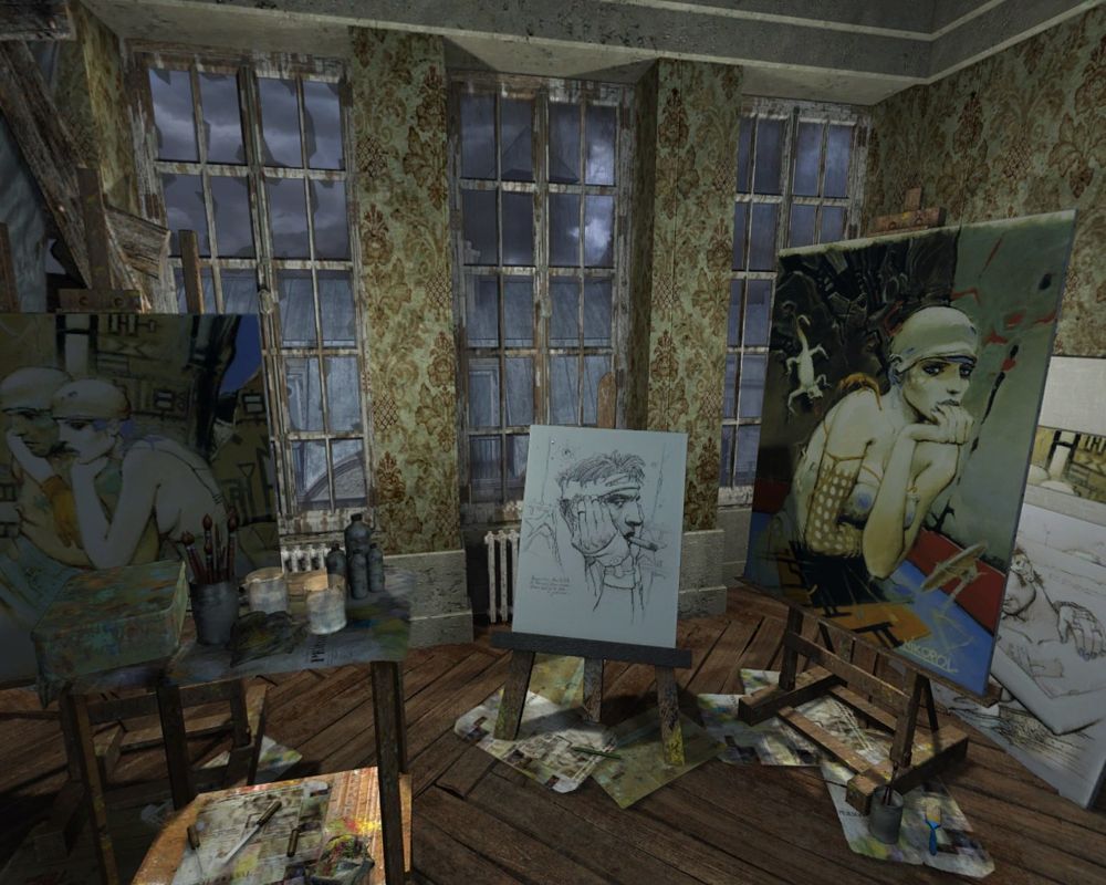 Nikopol: Secrets of the Immortals (Windows) screenshot: Your paintings in the working room