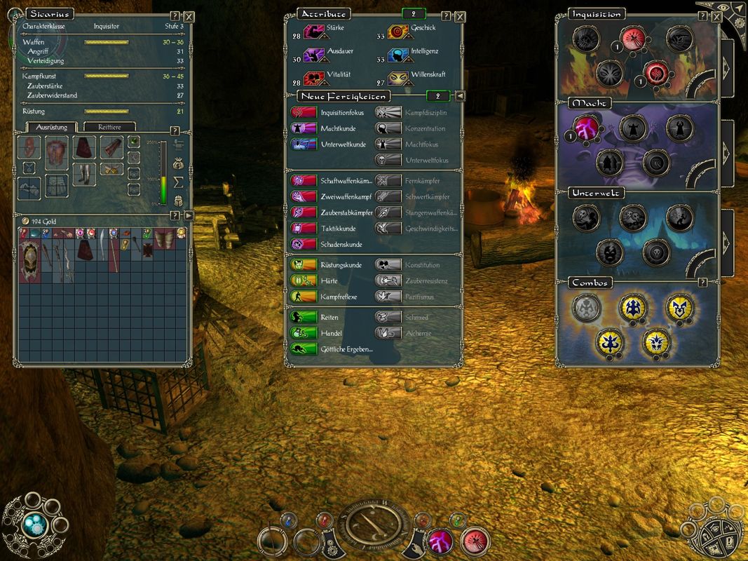 Sacred 2: Fallen Angel (Windows) screenshot: The character sheet, inventory, attributes list, skills selection and the talent and combo trees.