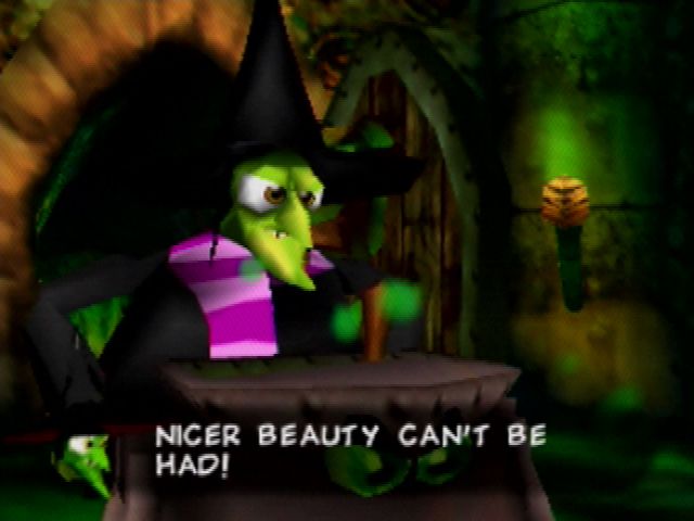 Banjo-Kazooie (Nintendo 64) screenshot: Gruntilda, the villain, is furious that Tooty is prettier than her.