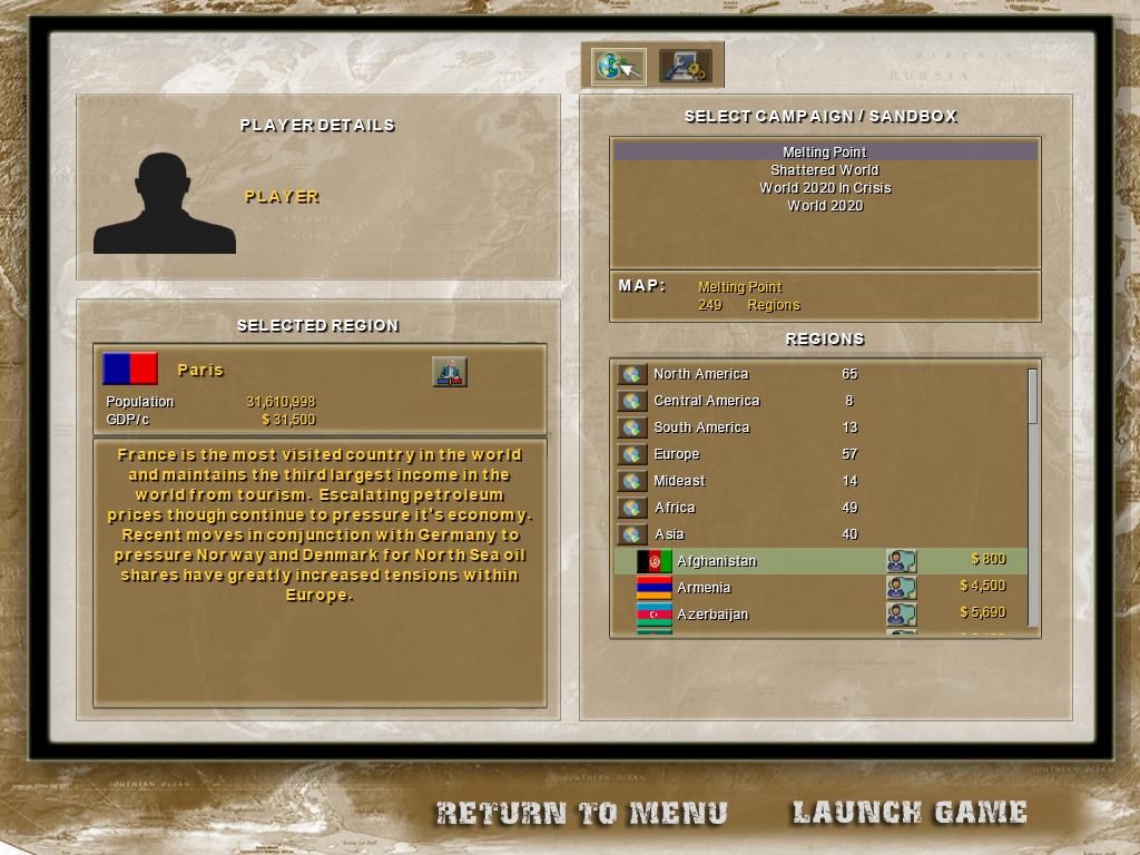 Supreme Ruler 2020 (Windows) screenshot: Campaign/Scenario selection. Later patches will provide more selectable items.