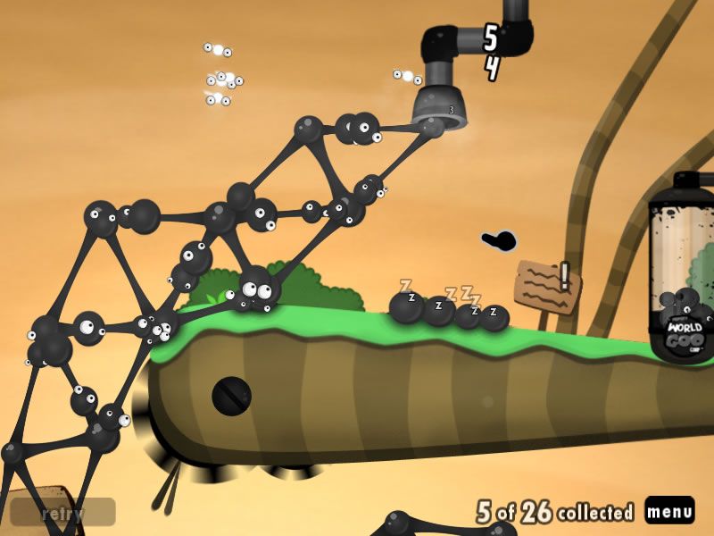 World of Goo (Windows) screenshot: When the balls reach the pipe, they are sucked in.