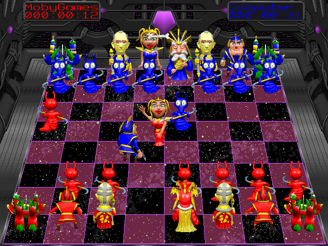 Battle Chess 4000 (DOS) screenshot: Queen tosses a bone up into the air à la 2001 (SVGA).