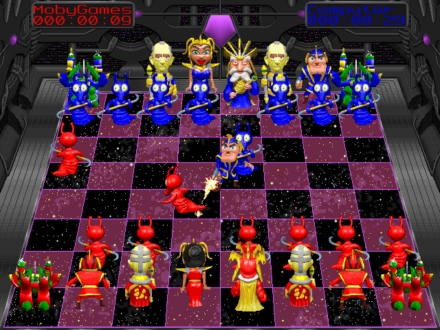 Battle Chess 4000 (DOS) screenshot: Knight shoots at Pawn and misses (SVGA).