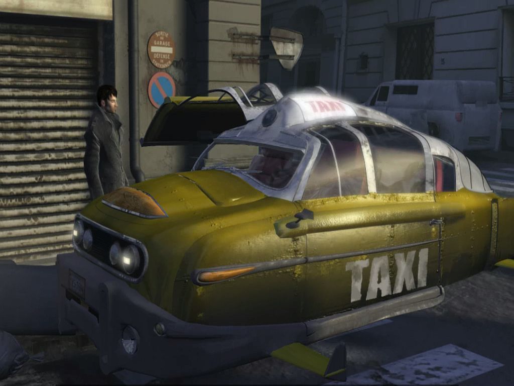Nikopol: Secrets of the Immortals (Windows) screenshot: Taking a taxi during a cut-scene.