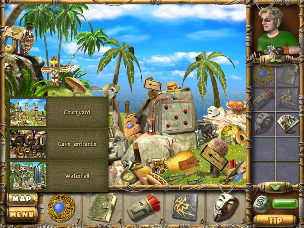 The Treasures of Mystery Island (Windows) screenshot: The map button allows traveling to other locations.