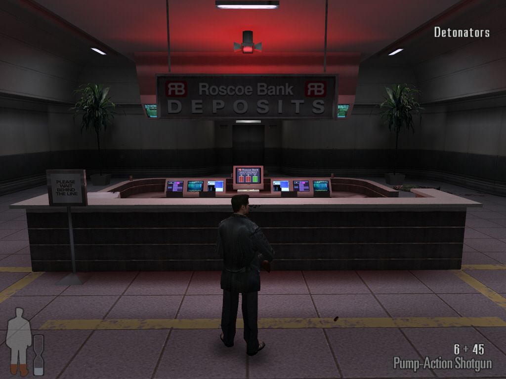 Max Payne (Windows) screenshot: Max Payne at Roscoe Bank
