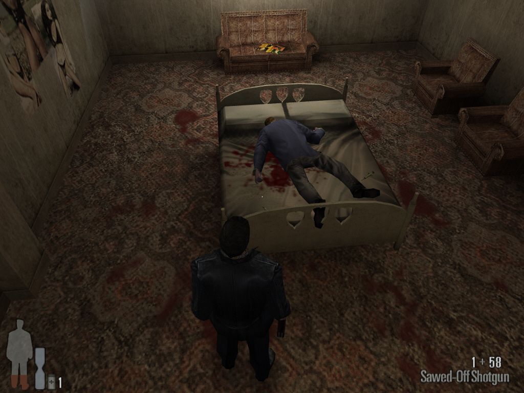 Max Payne (Windows) screenshot: Dead guy in bed