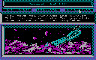 Skyfox II: The Cygnus Conflict (DOS) screenshot: Didn't make it... (CGA)