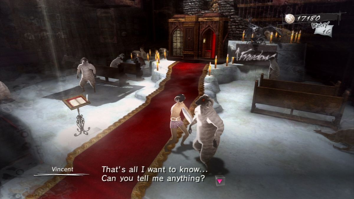 Catherine (PlayStation 3) screenshot: In-between floors you can talk to other sheep.