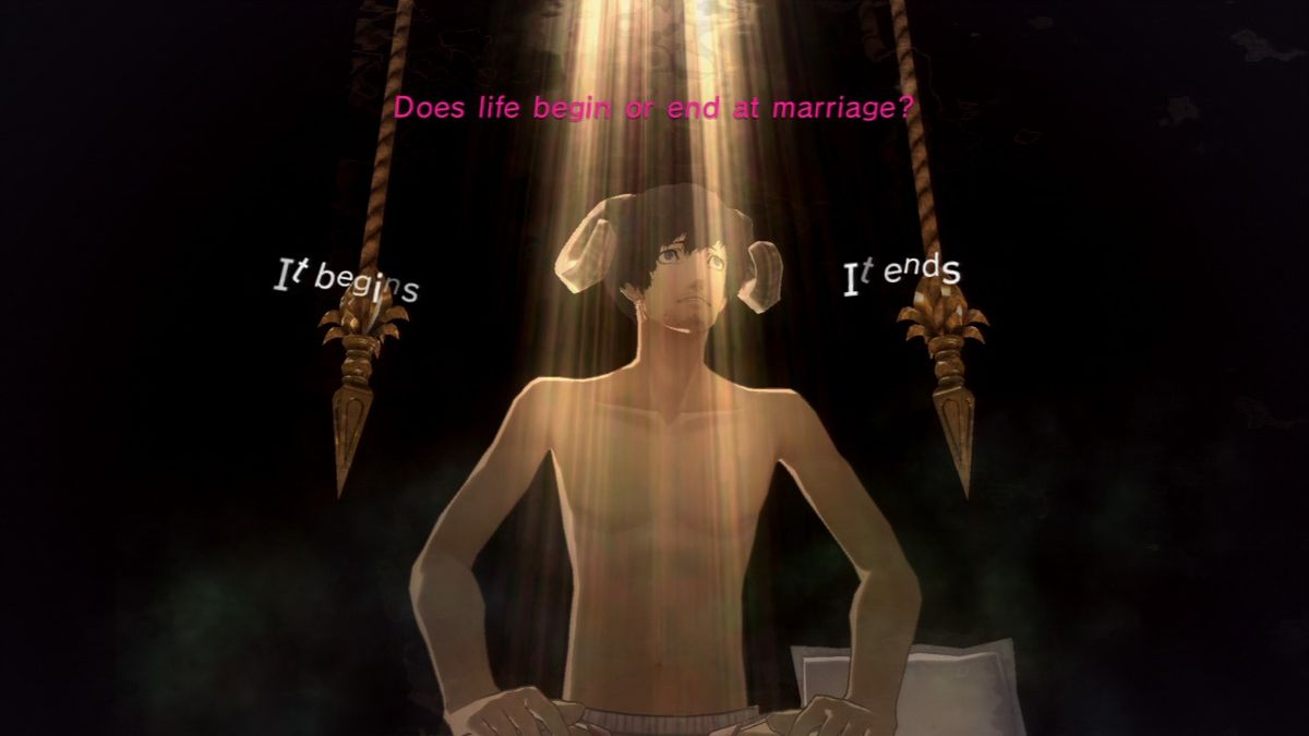 Catherine (PlayStation 3) screenshot: After each climb you will be presented a moral question in a confessional which will affect your character meter.