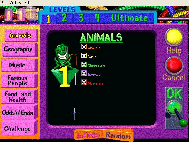 Trivia Munchers Deluxe (Windows) screenshot: Level 1 subcategories under the animals category