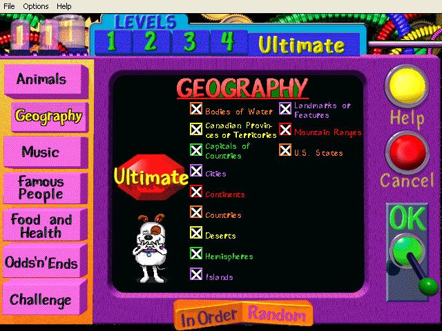 Trivia Munchers Deluxe (Windows) screenshot: Subcategories of geography on Ultimate difficulty level