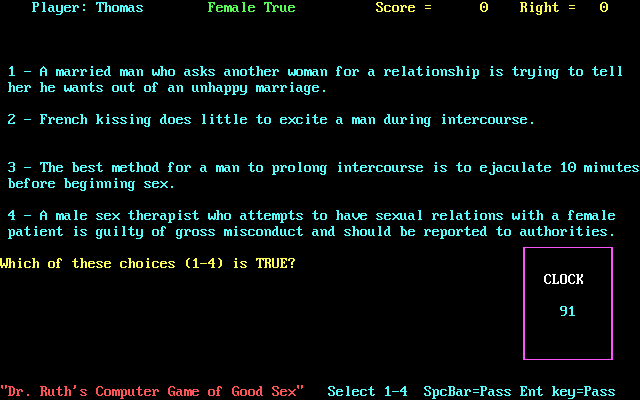Dr. Ruth's Computer Game of Good Sex (DOS) screenshot: A typical question