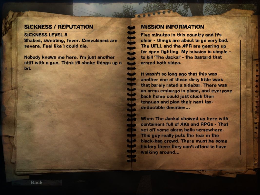 Far Cry 2 (Windows) screenshot: The journal with all the important information.
