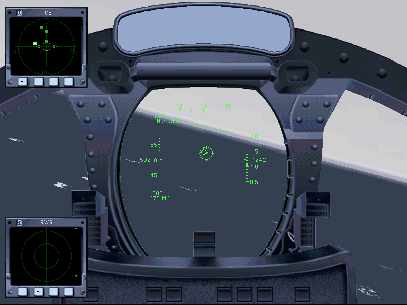 Jane's Combat Simulations: ATF - Advanced Tactical Fighters (DOS) screenshot: Cockpit view (F-14B Tomcat)