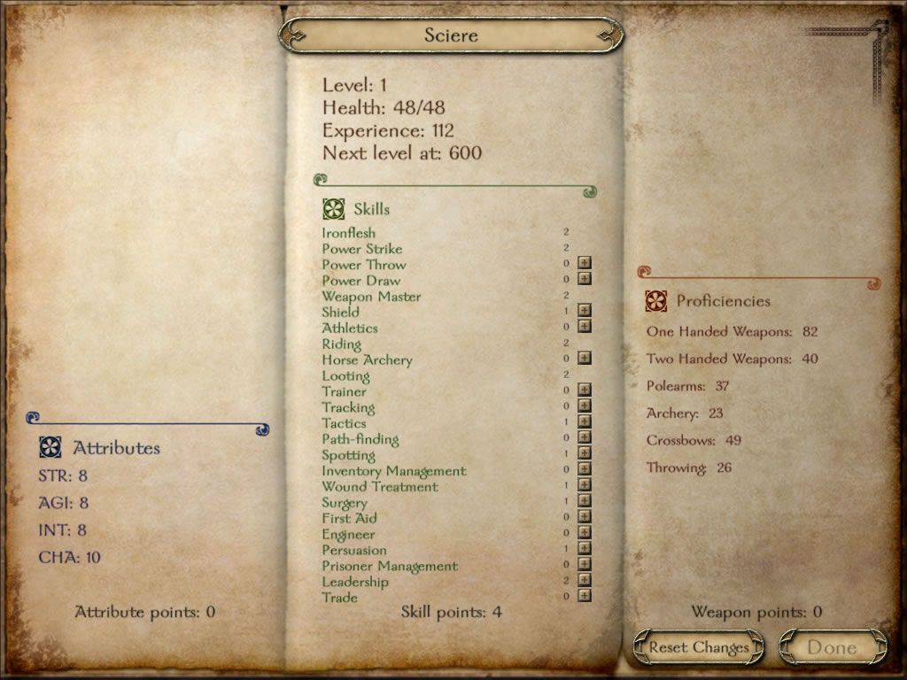 Mount & Blade (Windows) screenshot: The basic skillset with points to distribute.