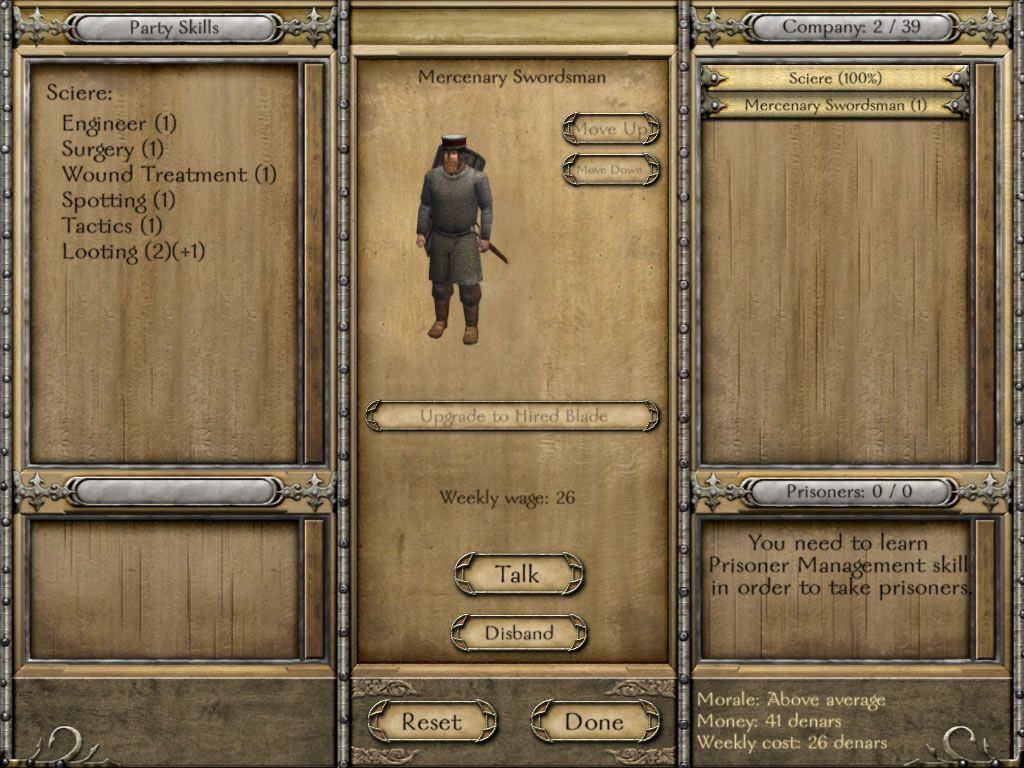 Mount & Blade (Windows) screenshot: I only have a mercenary swordsman in my party and I need to keep paying his wages.