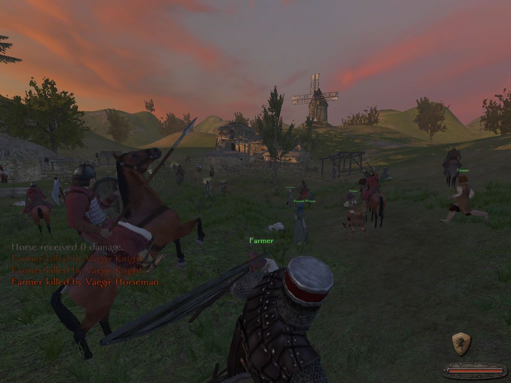 Mount & Blade (Windows) screenshot: Fighting farmers in a large-scale battle in the open.