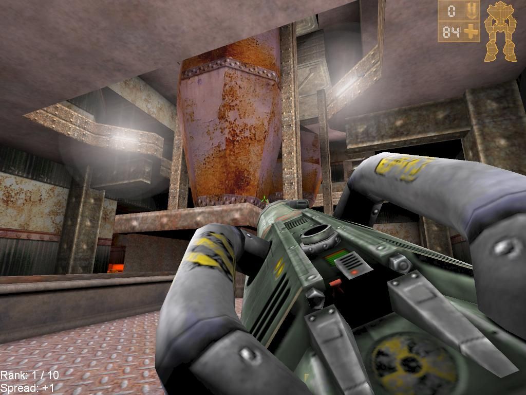 Unreal Tournament (Windows) screenshot: An industrial setting and a Big F(censored) Gun... Is there anything else you can ask for?