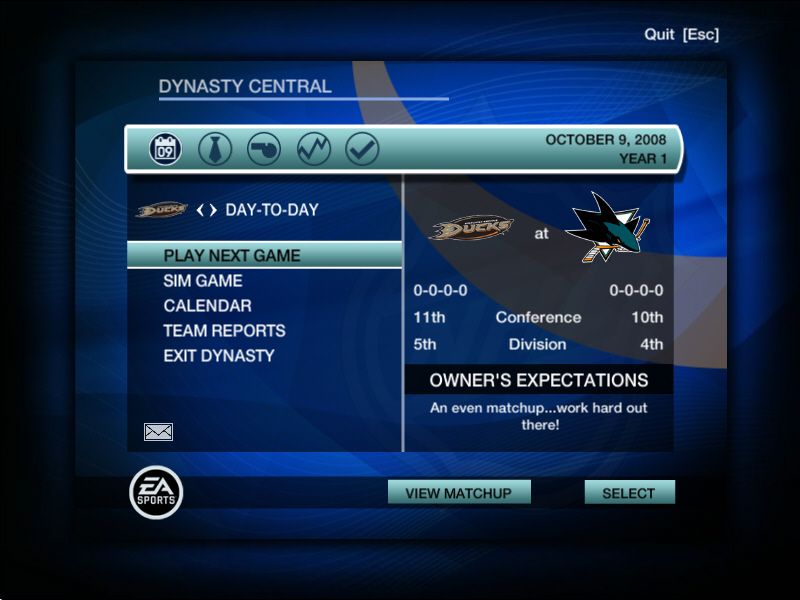 NHL 09 (Windows) screenshot: Dynasty mode.