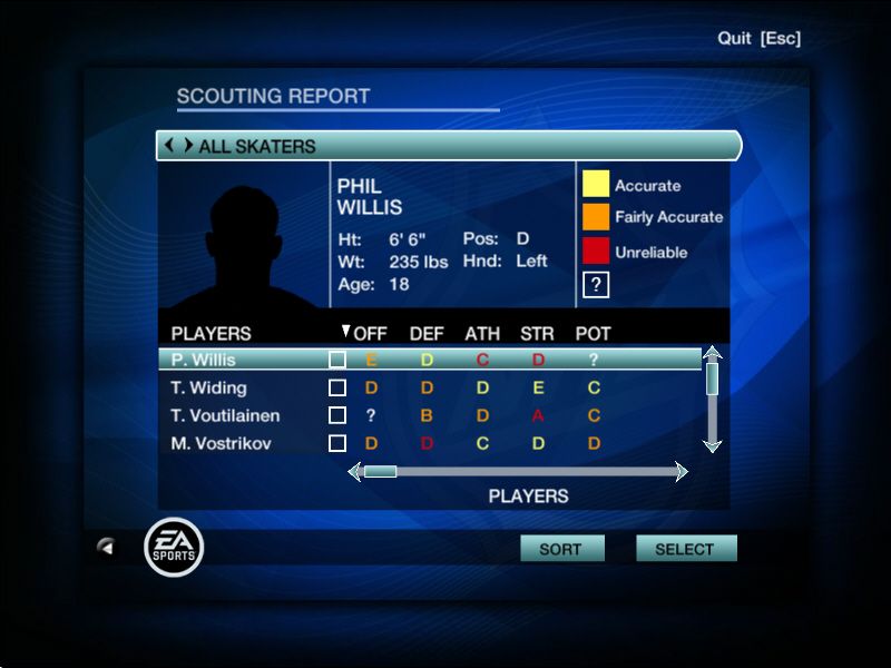 NHL 09 (Windows) screenshot: Scouting Report.