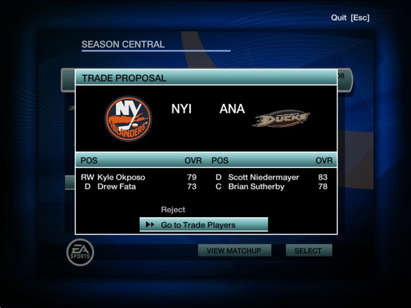 NHL 09 (Windows) screenshot: You have received a trade proposal.