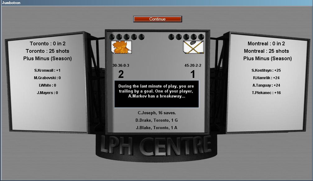GM Hockey 2009 (Windows) screenshot: Will he shoot and score? Or will he miss the net?