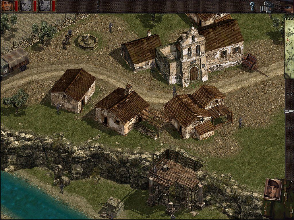 Commandos: Beyond the Call of Duty (Windows) screenshot: Starting the mission on an island of Crete, you'll have to first exit the church without anyone noticing you.