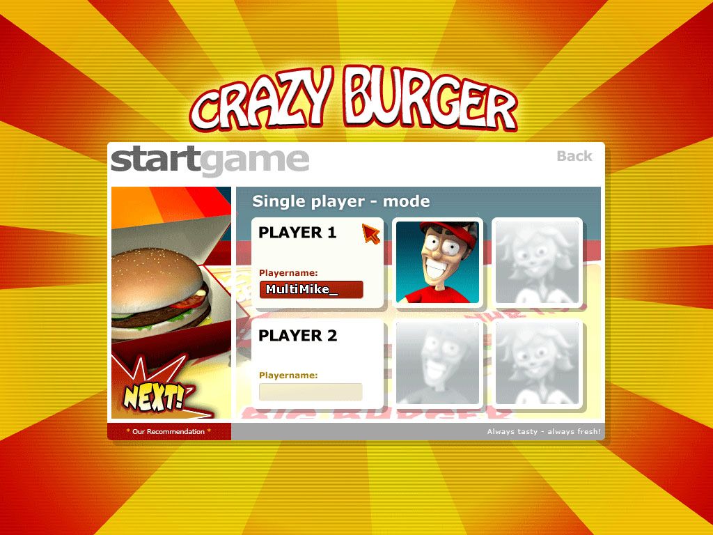 Crazy Burger (Windows) screenshot: Player select and name entry