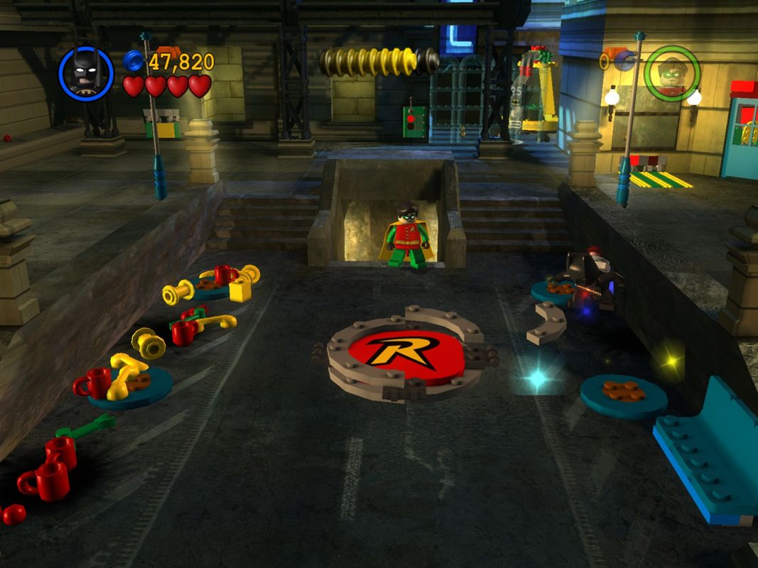 LEGO Batman: The Videogame (Windows) screenshot: Batman builds Robins logo to get access to a new suit.