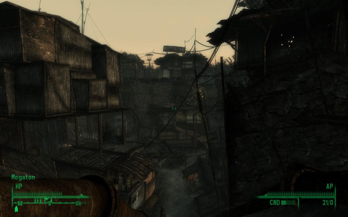 Fallout 3 (Windows) screenshot: Megaton, a city built around a nuclear bomb.
