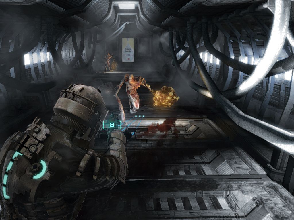 Dead Space (Windows) screenshot: Enemies with explosive "sacks". If you let them get too close, you will surely get blown to pieces.