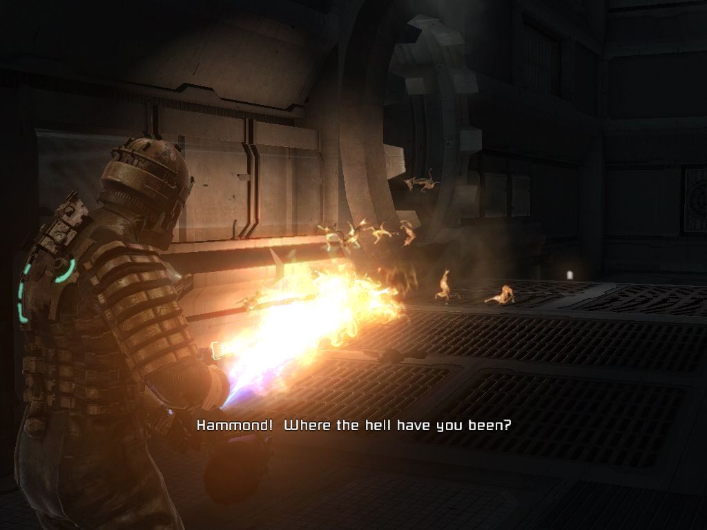 Dead Space (Windows) screenshot: The flamethrower is very effective against these small spider-like creatures.
