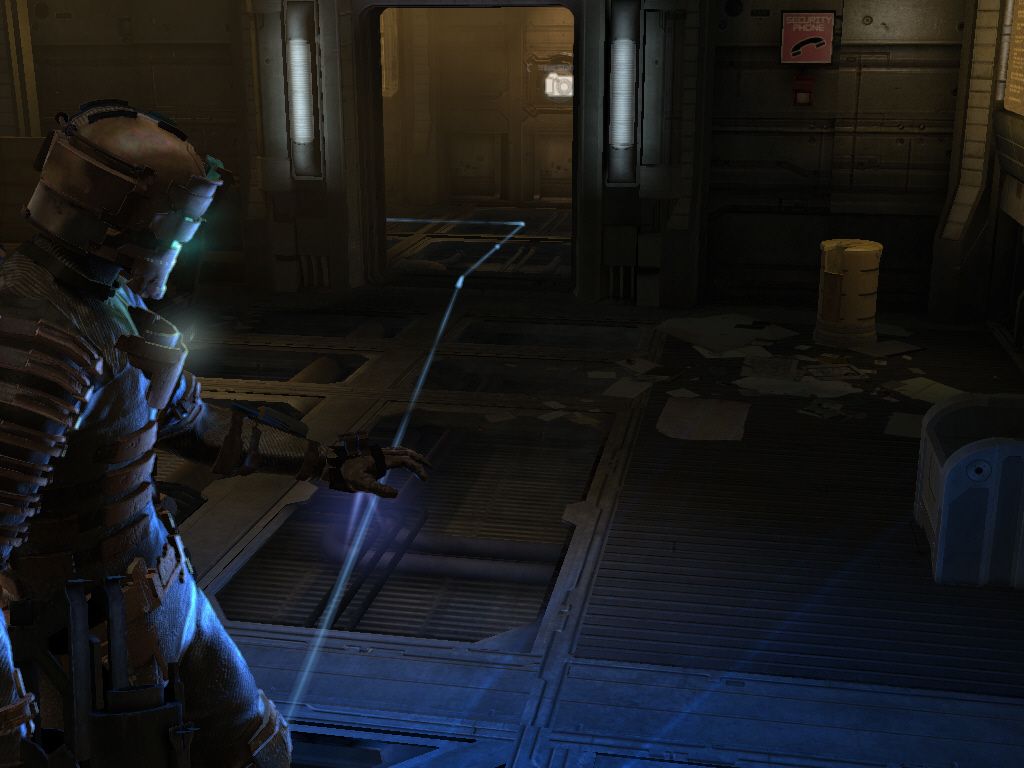 Dead Space (Windows) screenshot: The blue beam tells me where to go, if I'm too lazy to look at the map.
