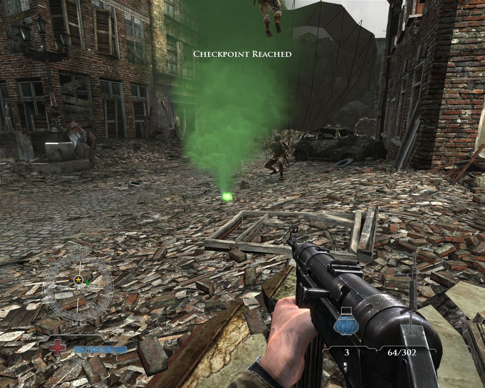 Medal of Honor: Airborne (Windows) screenshot: Green smoke tells where the safety zone is.