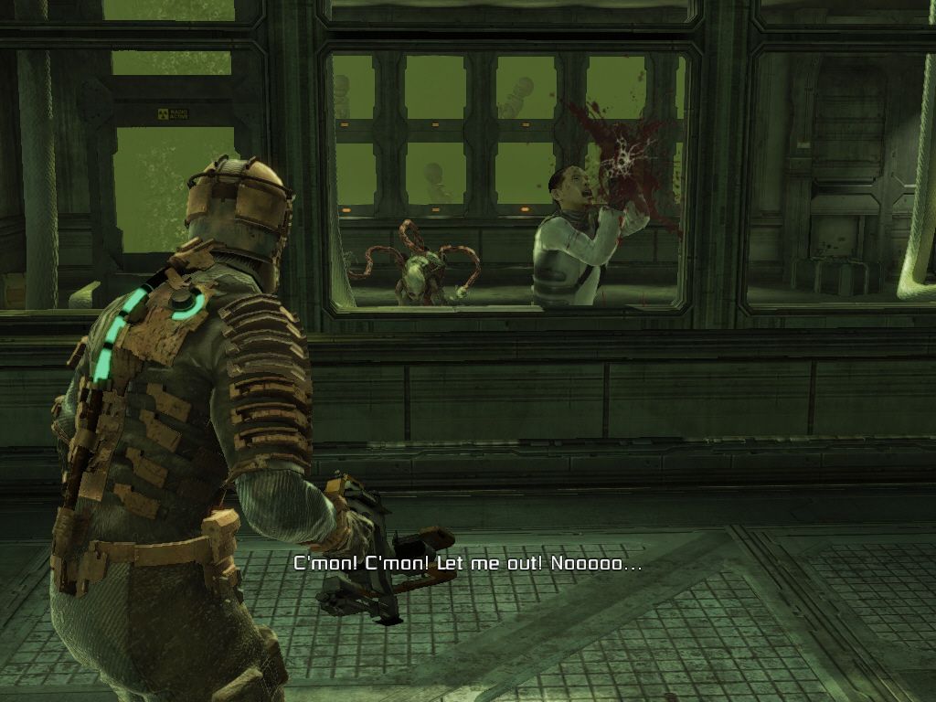 Dead Space (Windows) screenshot: The man on the other side of the glass is in trouble.