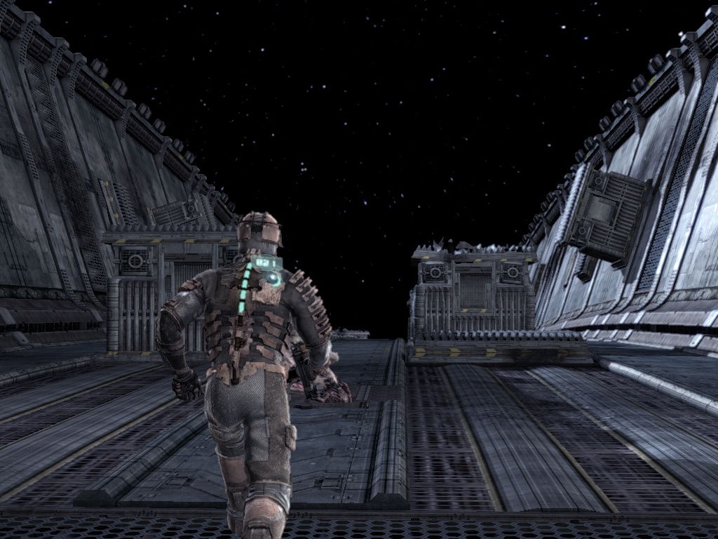 Dead Space (Windows) screenshot: On the outside of the ship... I will die if I run out of oxygen.