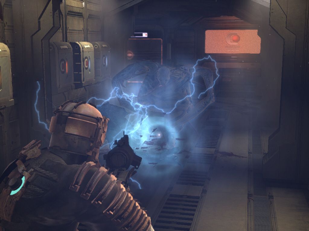 Dead Space (Windows) screenshot: Using the stasis module to slow down this enemy.
