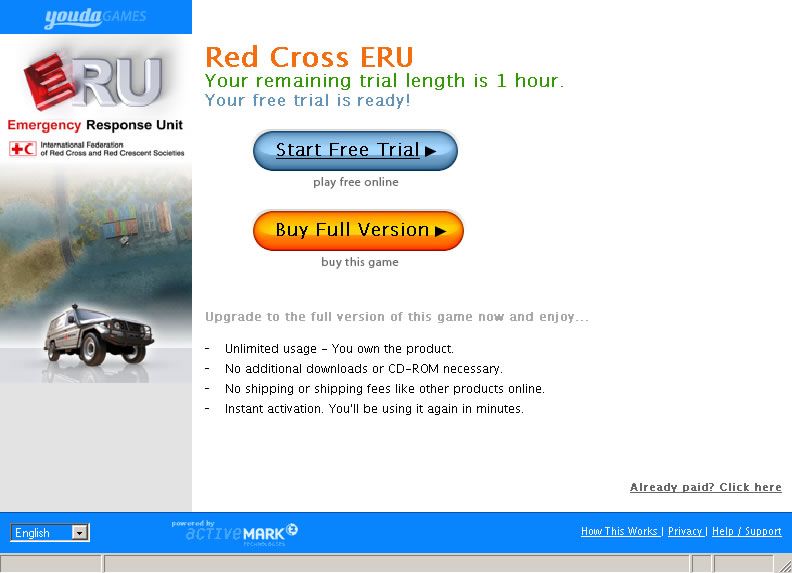 ERU: Emergency Response Unit (Windows) screenshot: Starting screen where you can choose the language and opt to buy the full game.