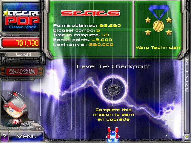 AstroPop Deluxe (Windows) screenshot: Just ranked up to "Warp Technician"