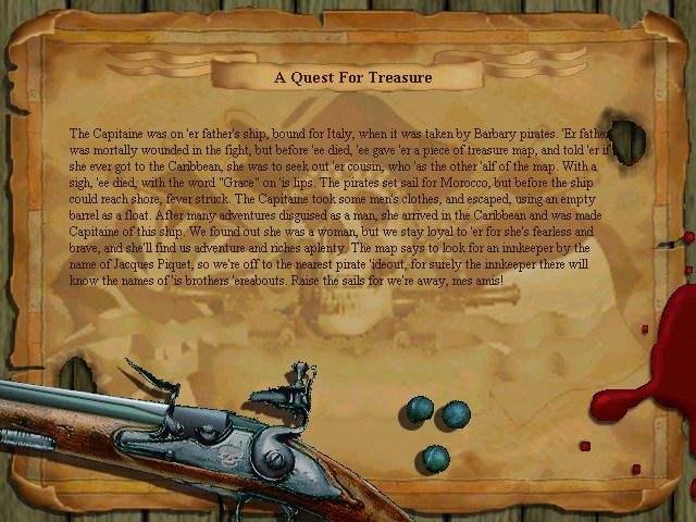 Buccaneer (Windows) screenshot: "A Quest for Treasure" introduction is written and read by narrator.